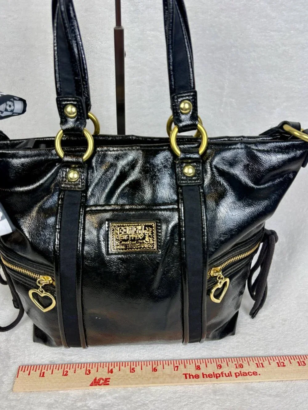 Coach Y2K Poppy Daisy Liquid Gloss Tote in Black Patent Leather with Scarf